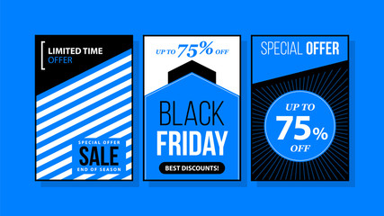 Three vertical Black Friday banners/posters in black and blue style on bright background