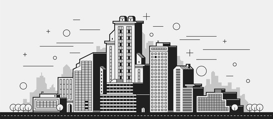 Modern city illustration. Towers and buildings in black and white contour style on white background