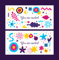 Set of two horizontal backgrounds with abstract hand drawn elements. Useful for advertising and graphic design.