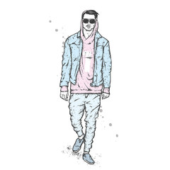 A handsome guy in a jacket, hoodie, jeans and moccasins. Vector illustration for a postcard or a poster, print for clothes. Fashion and style, clothing and accessories.