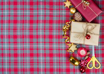 Gift boxes wrapped kraft paper with Christmas decorations. Top view, holiday composition