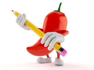 Hot paprika character holding pencil
