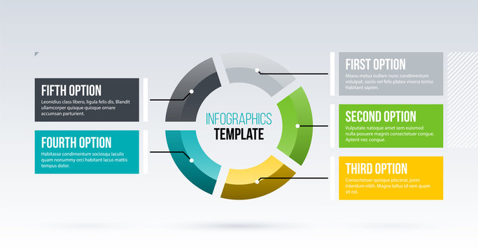 Horizontal pie infographics template with five segments in clean business style on white background