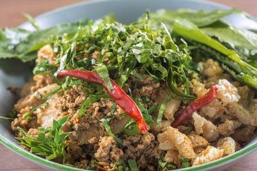Close up Spicy minced pork salad North Thailand Recipes.