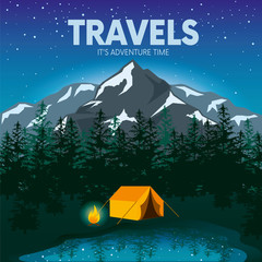 Day and night in a camping in the mountains or forest with a tent and a fire. Vertical internet banners or design for a postcard, flyer or poster. Vector illustration.
