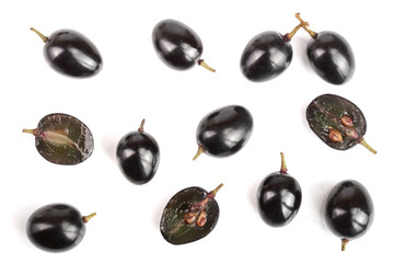 Dark grapes isolated on white background, top view. Flat lay