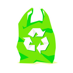 Green plastic bag with recycle sign inside isolated on white background. Recycling concept. Vector illustration can be used for Save The Earth poster, Stop Global Warming promotion, print for t-shirt