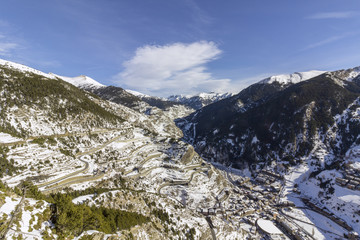 Village of Canillo view from observation deck, in Roc Del Quer trekking trail. Andorra.