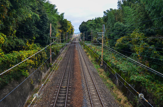 Rail track at countryside in Kyoto, Japan