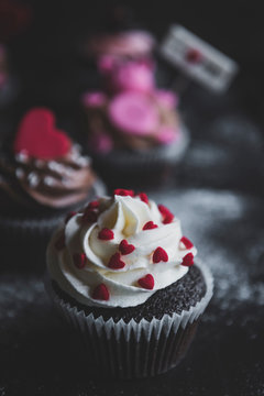 Cupcake with small hearts on the top,selective focus and valentines day concept