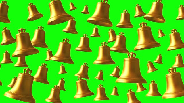 4K. Golden Ringing Bells On Green Screen. Loops. 3D Animation. 3840x2160.