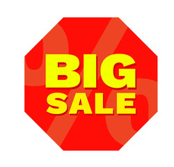 Sign of a big sale. Hexagonal red sign with yellow text large sale. Vector label for banners and flyers isolated on white background.