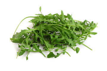 Heap of Green fresh rucola or arugula leaf isolated on white background