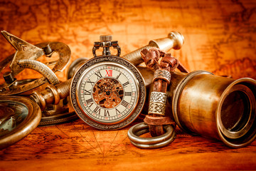 Vintage still life. Vintage items on ancient map.
