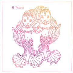 vector hand drawing color illustration of the Pisces zodiac sign. May be used as a print for your T-shirt design.