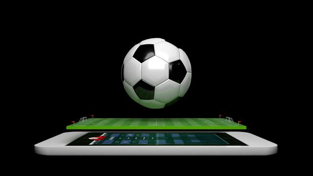 4K 3D Animation soccer football field with spinning soccer ball with alpha matte for football mobile phone application concept