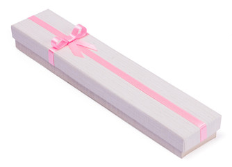 Long gift box with pink ribbon isolated on white background