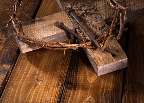 Crown of Thorns with a Wooden Cross and Nails