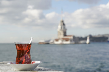 A glass of Turkish tea against sea in Istanbul, Turkey
