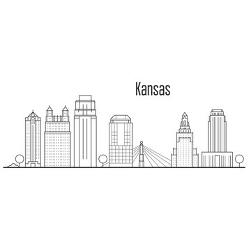 Kansas city skyline - downtown cityscape, city landmarks in liner style