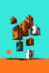 hand drawn colorful illustration of abstract modern buildings flying in the air