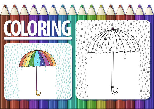 Page of coloring book with contour cartoon umbrella under rainfall  and colored example.