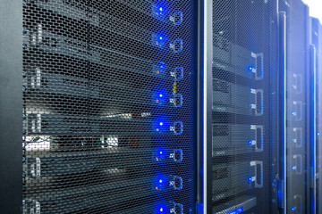 Servers close up. Modern datacenter. Cloud computing. Datacenter with flashing lights. Big Data