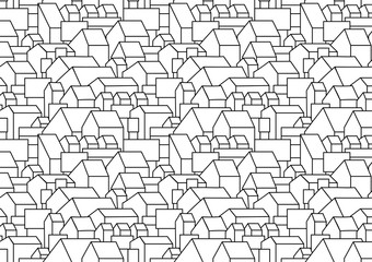 attern or background with cartoon houses with gable roofs. City, town, village landscape. Horizontal