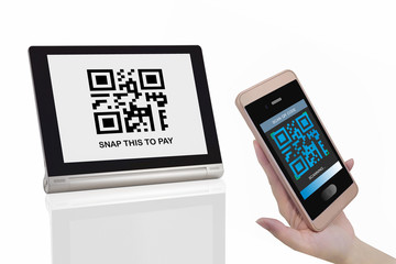 Quick pay by QR code scanning on smartphone, finance technology concept