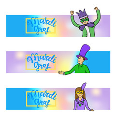 Mardi Grass banners. Headers for website or leaflet. Lettering and characters in carnival costumes and masks. Vector illustration, isolated on white background.