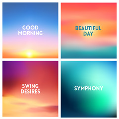 Obraz premium Abstract vector sunset blurred background set. Square blurred background - sky clouds colors With love quotes