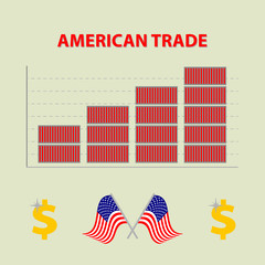 vector colored infographic growing american import export - info graph in flat design with icon of dolar and flags united states of america