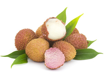 fresh lychees on white background