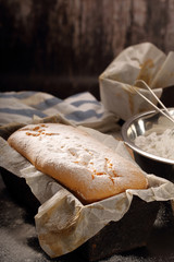 Easter pound cake with powdered sugar in baking mold
