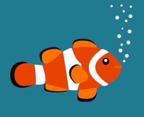 cute orange clown fish vector illustration on blue background with white bubbles - obrazy, fototapety, plakaty