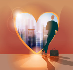Businessmen in front of the heart shape window admiring the city view. Valentines concept