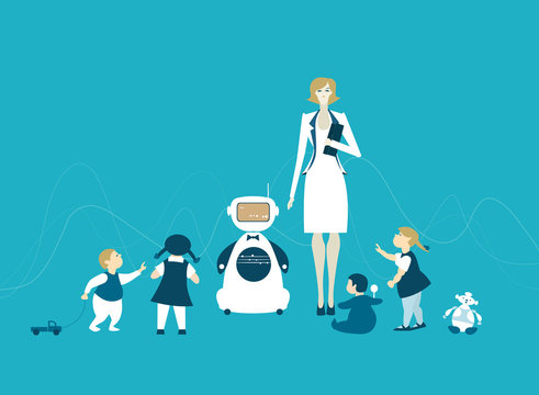 Robots are future babysitters and teachers. RPA, Robotic Process Automatisation concept.
