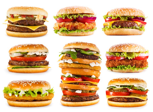 various hamburgers isolated on white background