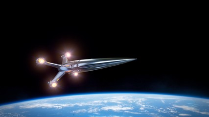 spaceship leaving planet Earth, spacecraft approaching orbit © dottedyeti