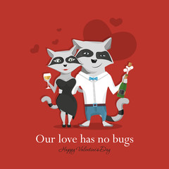 Raccoon couple in love celebrating Valentine's day holding in the paws of champagne and a glass of.