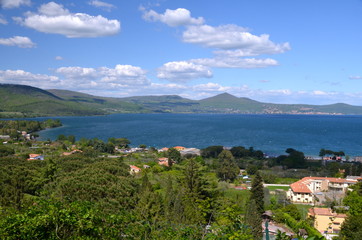 View of Lake of bracciano. The lake is a volcanic origin crater lake and the second largest lake in Lazio Italy.