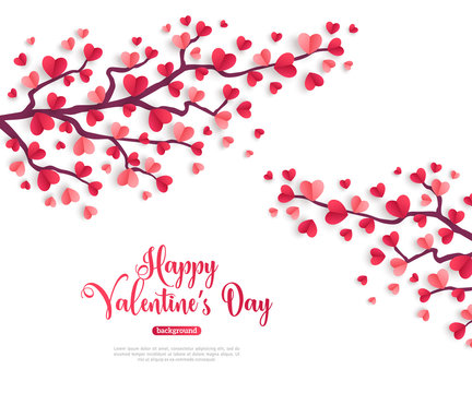 Valentine trees branch with paper heart leaves
