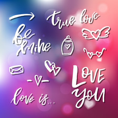 Handdrawn icons and clip art. Calligraphy for invitation, greeting card, prints, posters. Hand drawn typographic inscription, lettering design. Vector Happy Valentines day holidays quote.