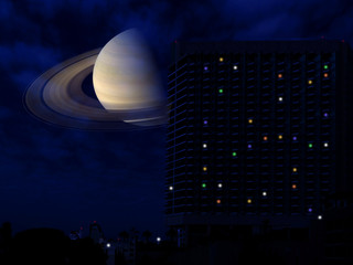 saturn back of high building night city © darkfoxelixir