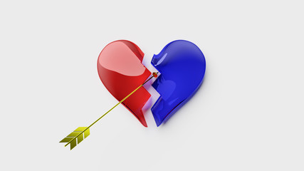 Corazón de cristal rojo azul roto. 3D