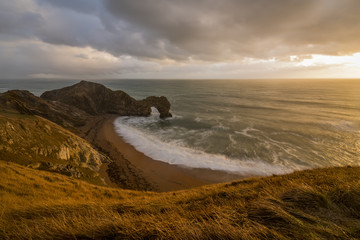 The cliff top view over Durdle Door in Dorset.