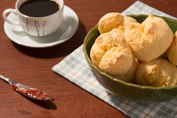 tradicional brazilian bread with coffee and jam  (pao de queijo com cafe e geleia)