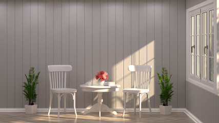 White chair and white table in the room  in front of white wall 3d rendering luxury living room vintage style room interior home design