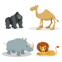 Cartoon trendy style african animals set. Gorilla monkey, lion, dromedary camel, rhiniceros. Closed eyes and cheerful mascots. Vector wildlife illustrations.