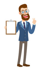 Victory! Hipster Businessman  showing clipboard and showing victory hand sign